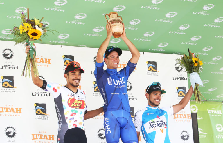 The podium: Travis Mccabe (UHC) 1st, Castillo Soto (Jelly Belly p/b Maxxis) 2nd, Avila Vanegas (Istrael Cycling Academy). 2018 Tour of Utah Stage 1, August 7, 2018, Cedar City, Utah. Photo by Cathy Fegan-Kim, cottonsoxphotography.net