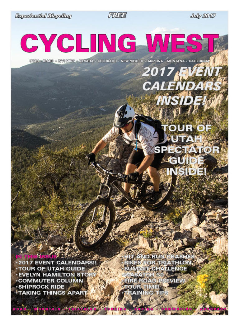 Cycling West July 2017 Cover Photo: Fears, Tears & Beers enduro race organizer Kelly Ernest, enjoys a post-race ride at Cave Lake State Park, a few miles east of Ely, Nevada. Photo by John Shafer