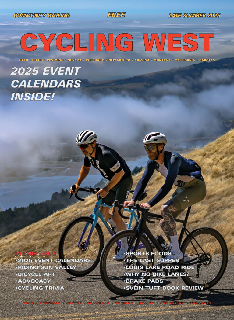 Cycling West Late Summer 2025 Cover Photo: Ryan Rinn (left) and Bryan Markwardt high on Mount Tamalpais on a Tam Tuesday ride. Photo by Chris DeStefano, photographer/cyclist