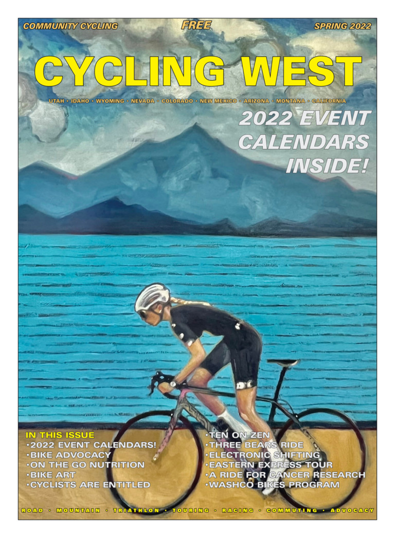 Cycling West Spring 2022 Issue Cover Art: “Solo” oil on canvas (handmade frame by Jenni Klunk) trentonhigley.com for more information. 36x36. Painting by Trenton Higley On display at Contender Bicycles in Salt Lake City, Utah.