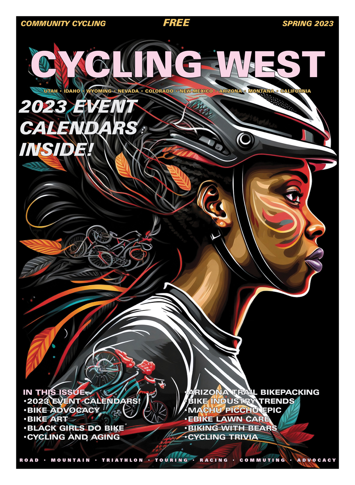 Cycling West Spring 2023 Cover Art Title: Bike Future Artist name: Monica Godfrey-Garrison (@mogofree_art) Medium: Digital Art Description: Colorful, contrast-heavy image of a black woman cyclist looking off into the distance surrounded by wispy leaves in earth tones Artist Statement: This image illustrates looking toward the diverse and equitable future of cycling. Where to find/buy art: www.mogofree.etsy.com Website: monicagodfrey.com Monica is the Founder and Executive Director of Black Girls Do Bike: blackgirlsdobike.org