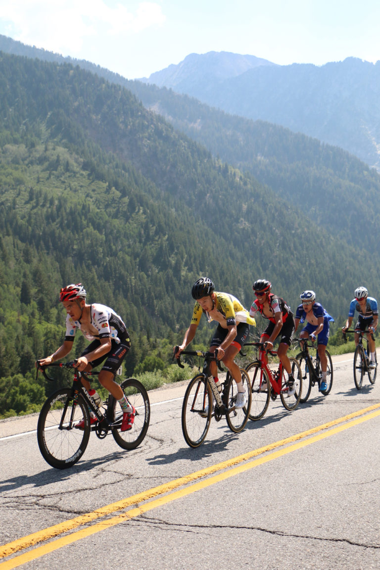Rob Britton (yellow) won the overall 2017 Larry H. Miller Tour of Utah. Here, he defends his lead in Stage 6 on the Little Cottonwood Climb. Photo by Dave Iltis